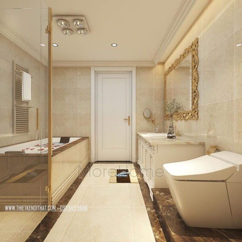 Gương treo tường cổ điển với kích thước lớn sẽ góp phần làm cho không gian phòng tắm trở nên rộng rãi và thoáng mát hơn.