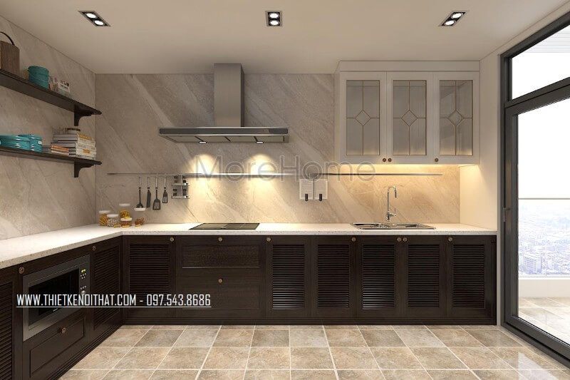 Khu vực nội trợ được làm đẹp bằng ốp đá nhân tạo màu trắng, tạo nên sự tinh tế, đảm bảo an toàn vệ sinh và độ bền cao hơn cho khu vực nội trợ.